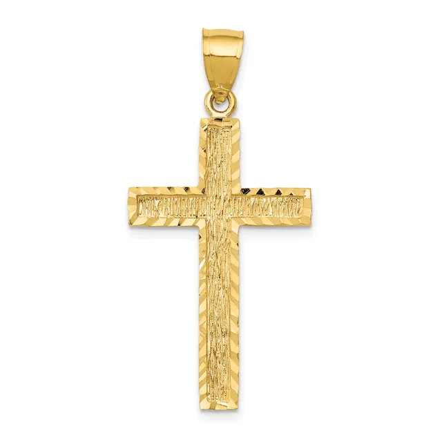 A gold cross pendant with a textured brushed finish and a small loop at the top for hanging on a chain.