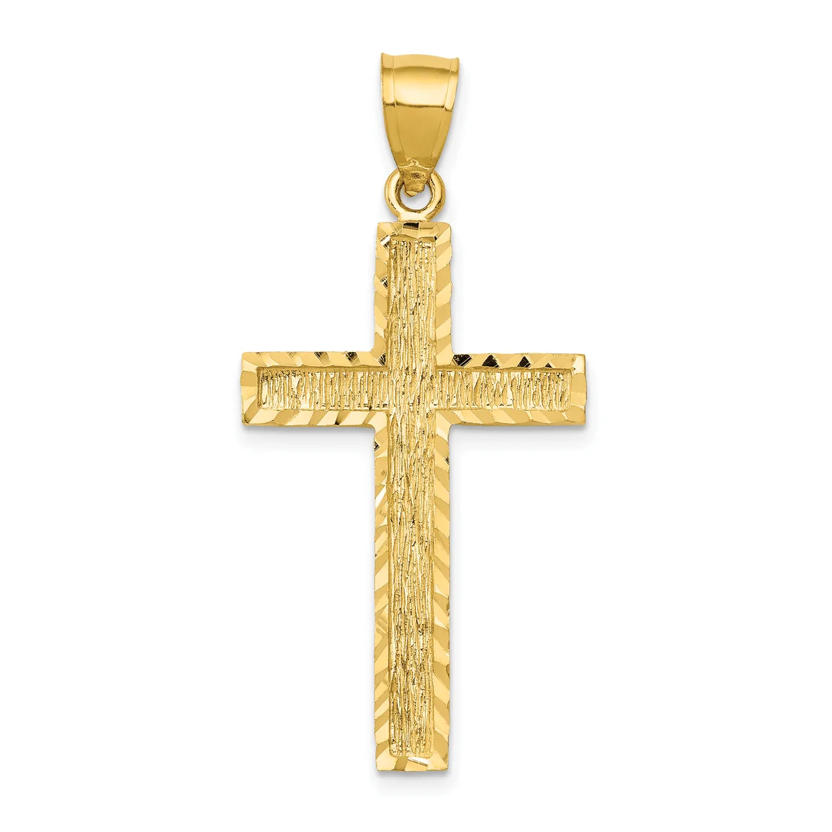 A gold cross pendant with a textured brushed finish and a small loop at the top for hanging on a chain.