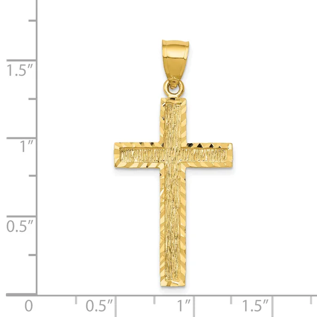 A gold textured cross pendant with a rectangular bail, shown against a measurement scale indicating approximately 1.25 inches in height.