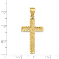 A gold textured cross pendant with a rectangular bail, shown against a measurement scale indicating approximately 1.25 inches in height.