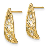 A pair of gold filigree drop earrings with hollow geometric cutout designs featuring hearts and scrollwork, displayed against a white background.