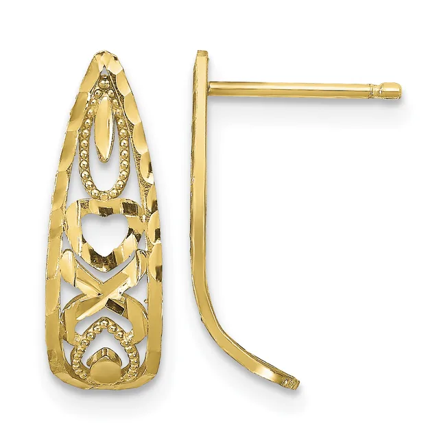 Pair of gold-toned filigree drop earrings with heart and geometric cutout designs, shown from front and side views.