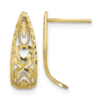 Pair of gold-toned filigree drop earrings with heart and geometric cutout designs, shown from front and side views.