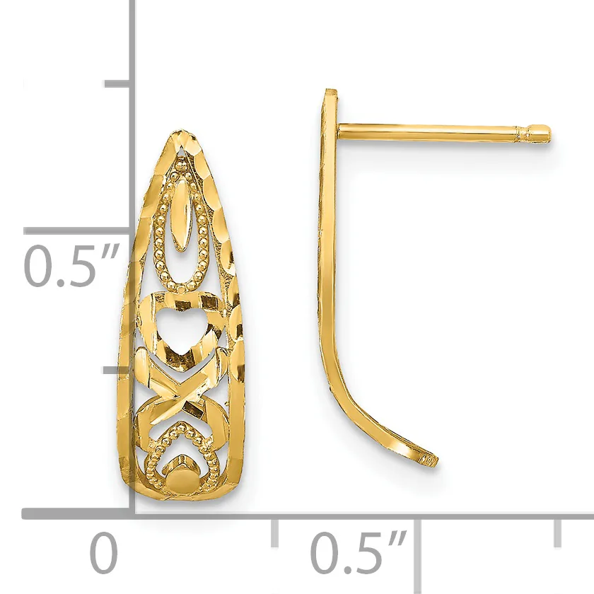 A pair of gold drop earrings with ornate filigree patterns and a curved post backing, shown with a measurement scale indicating approximately half an inch in length.
