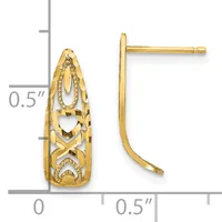 A pair of gold drop earrings with ornate filigree patterns and a curved post backing, shown with a measurement scale indicating approximately half an inch in length.