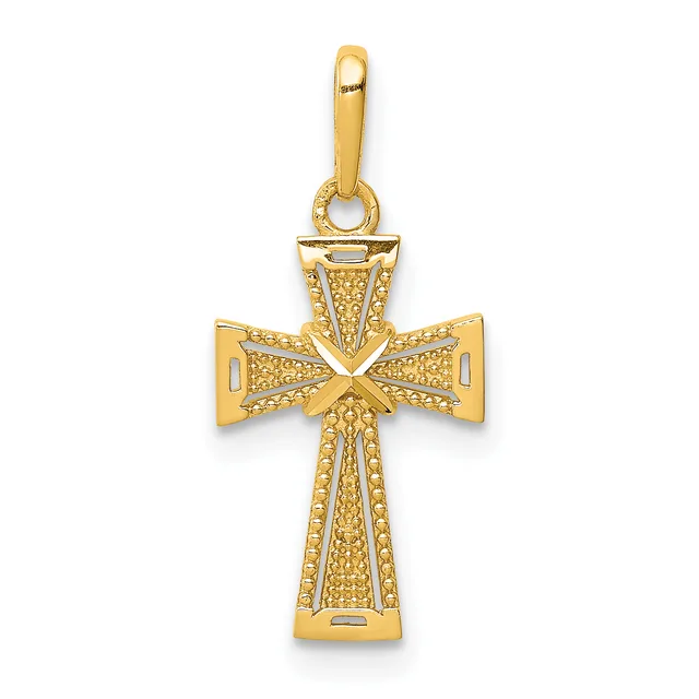 A gold cross pendant with textured surface and bow-shaped elements at the intersections, suspended from a bail loop.