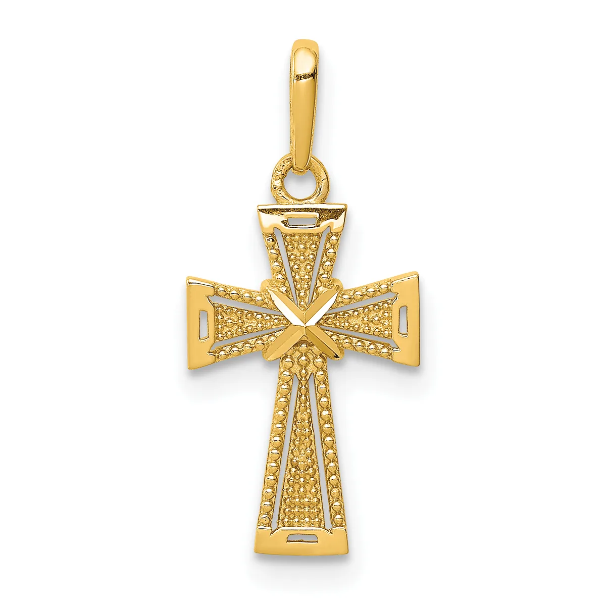 A gold cross pendant with textured surface and bow-shaped elements at the intersections, suspended from a bail loop.