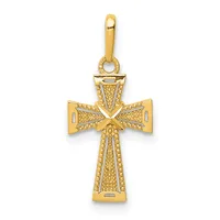 A gold cross pendant with textured surface and bow-shaped elements at the intersections, suspended from a bail loop.