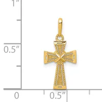 Gold cross pendant with textured surface and bow-tie shaped arms, shown next to a measurement scale indicating approximately one inch in height.