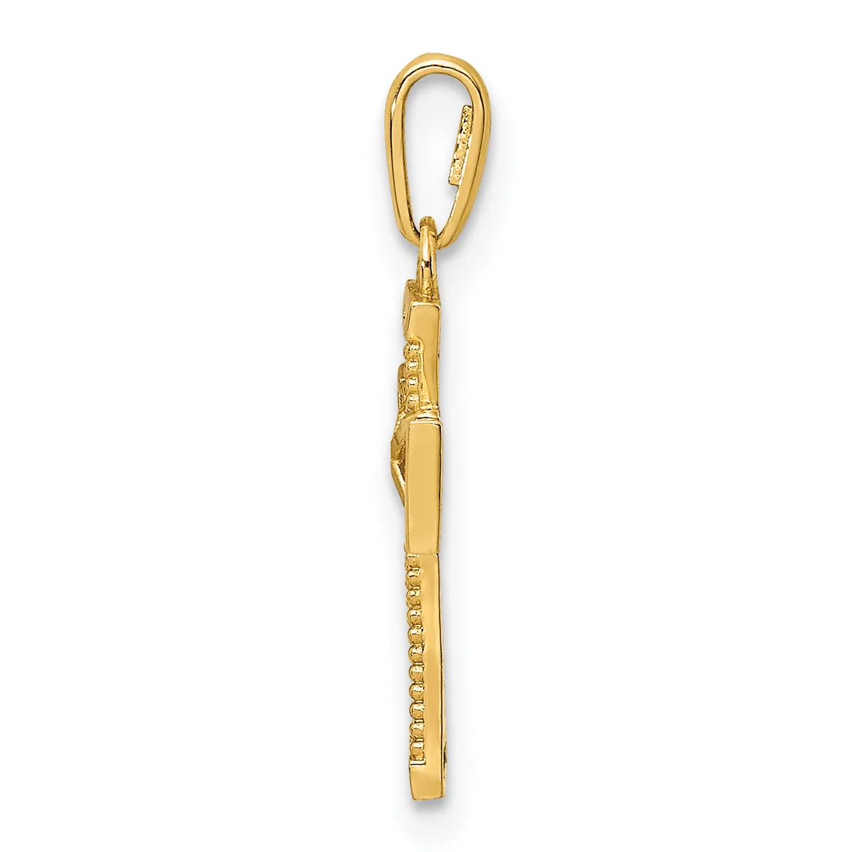 A gold vertical bar pendant with textured surface detail hanging from a gold lobster clasp connector.