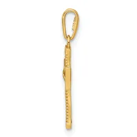 A gold vertical bar pendant with textured surface detail hanging from a gold lobster clasp connector.