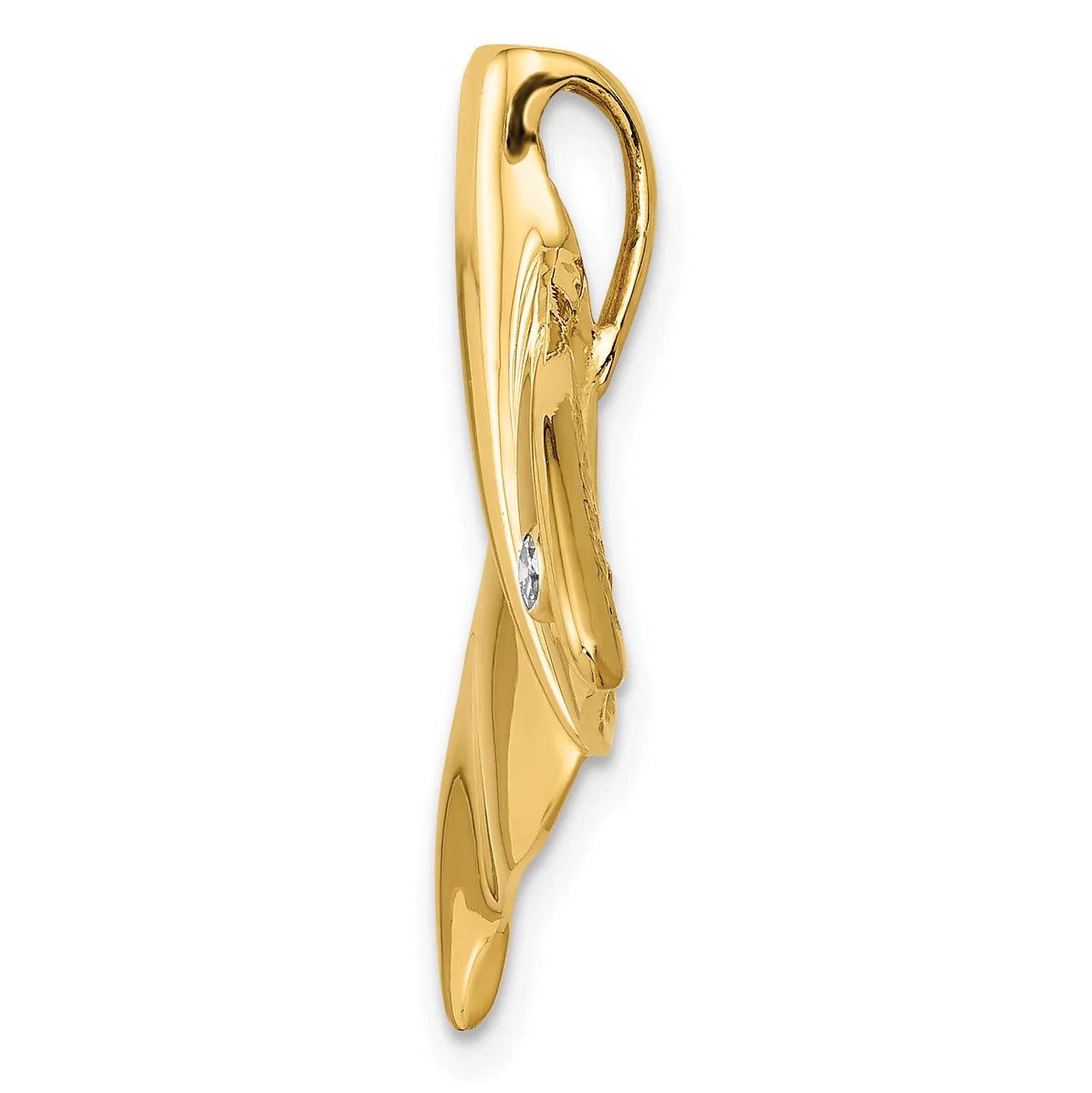 A gold pendant with a twisted, elongated teardrop shape and a small diamond accent, displayed against a white background.