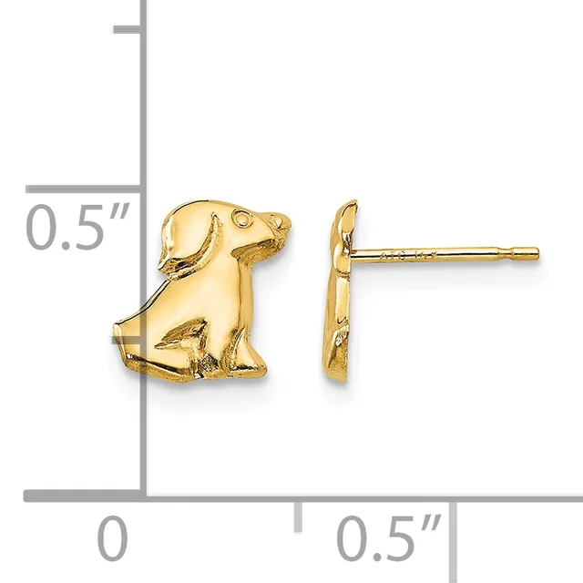 Gold-colored dog stud earrings shown front and back view next to a measurement scale indicating approximately 0.5 inches in height.