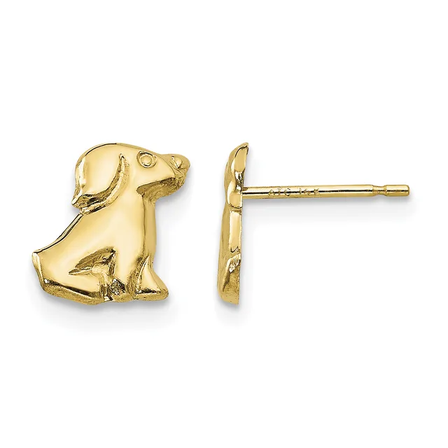 Pair of gold dog-shaped stud earrings shown from front and side views, featuring detailed facial features and sitting posture with post and clutch backs.