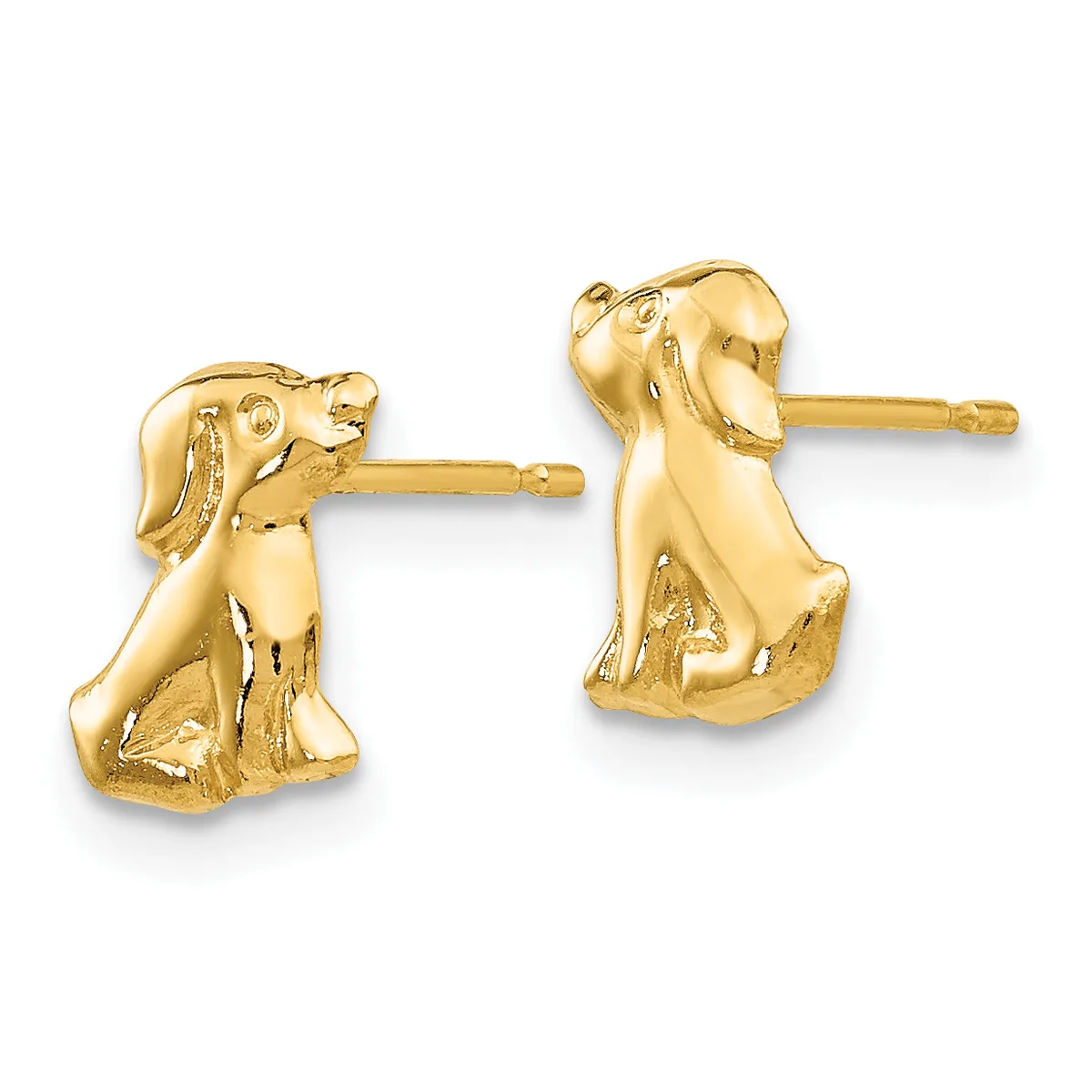 A pair of gold dog-shaped stud earrings with detailed features shown against a white background.