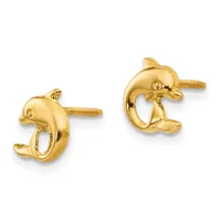 A pair of gold dolphin stud earrings with screw backs, shown from the front against a white background.