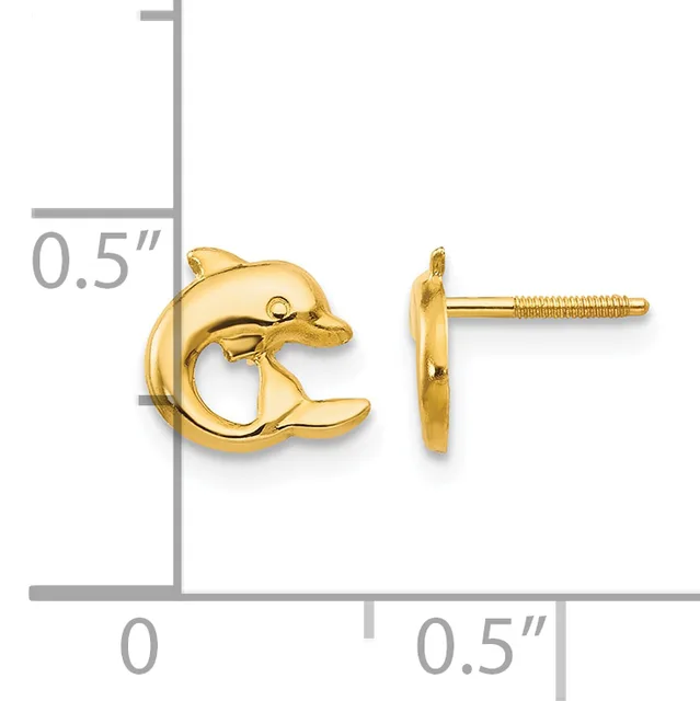 Gold dolphin stud earrings shown front and side view with measurement scale indicating approximately half-inch height.