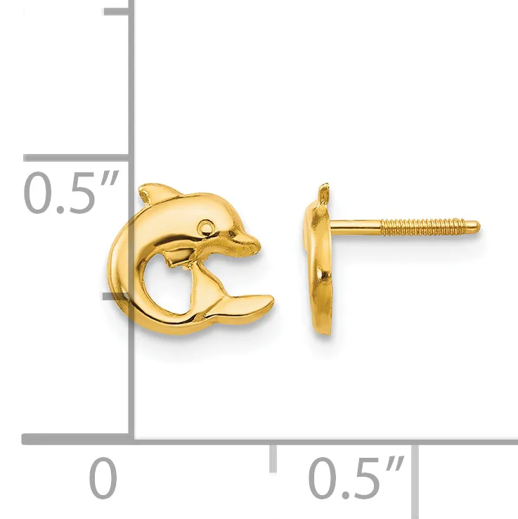 Gold dolphin stud earrings shown front and side view with measurement scale indicating approximately half-inch height.