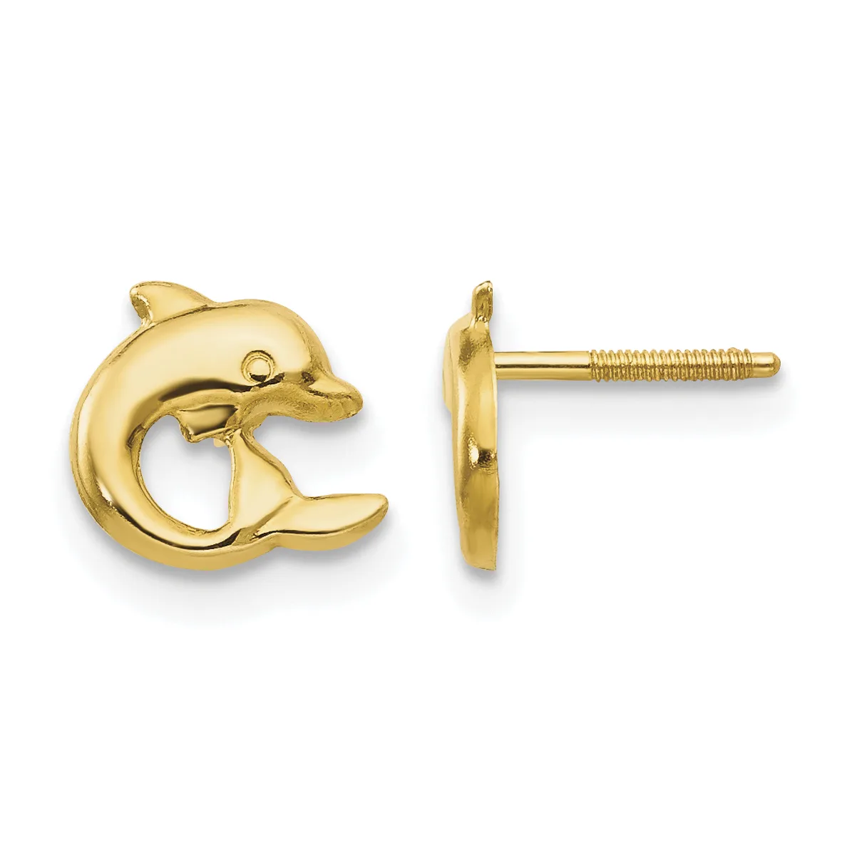 A pair of gold dolphin-shaped stud earrings shown from front and back views, with screw-back posts.