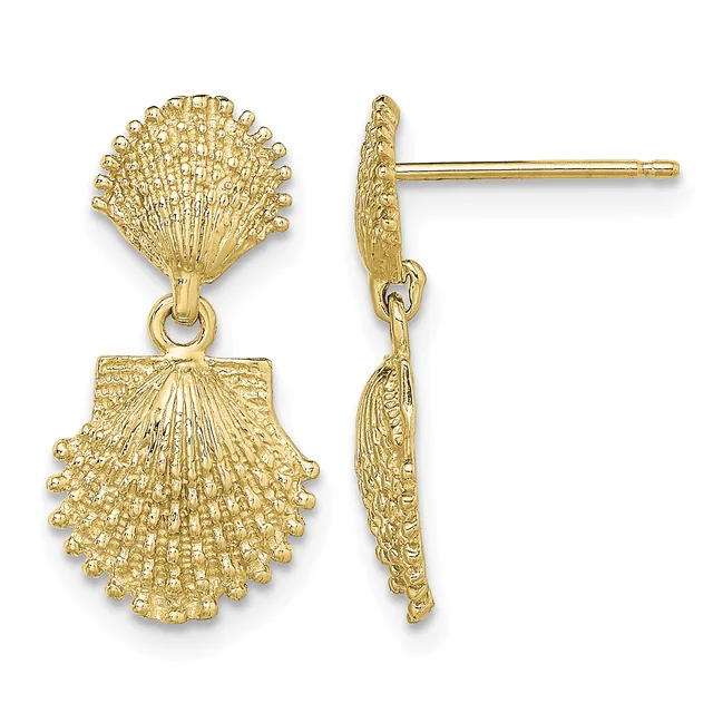 Pair of gold seashell drop earrings shown from front and side views, featuring textured fan-shaped shells connected by posts and hooks.
