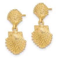 Pair of gold shell-shaped dangle earrings with textured surfaces and matching stud tops, shown from the front.