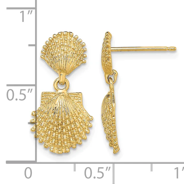 Gold seashell stud earrings with matching dangling seashell charms, shown front and side view against a measurement scale.