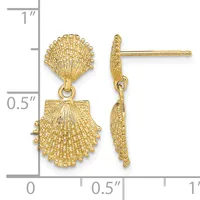 Gold seashell stud earrings with matching dangling seashell charms, shown front and side view against a measurement scale.