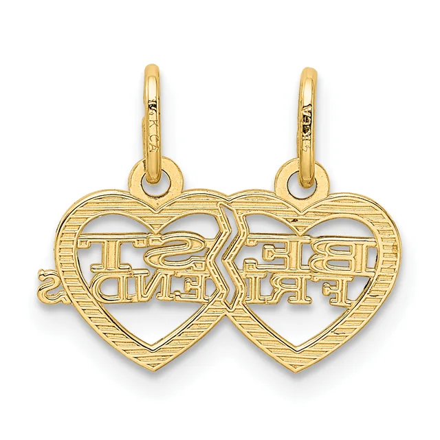 Two connected gold heart-shaped pendants with textured surfaces and cutout text design, suspended from matching gold loops.