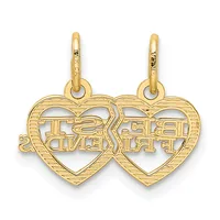 Two connected gold heart-shaped pendants with textured surfaces and cutout text design, suspended from matching gold loops.