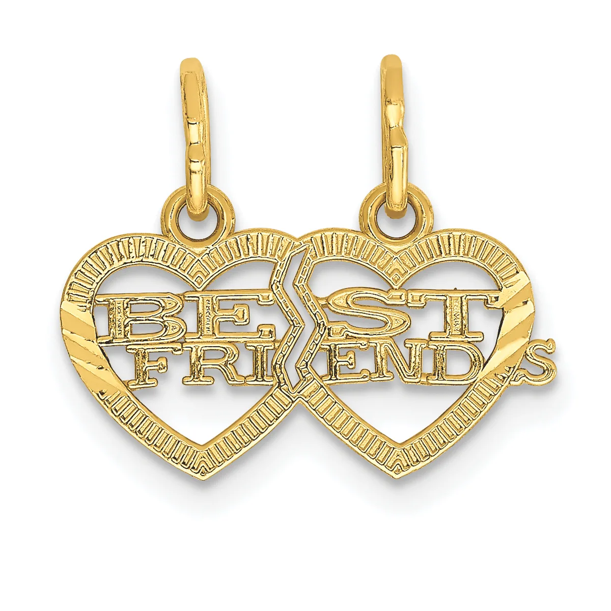 Two connected gold heart-shaped pendants with textured borders, each containing cutout text reading "BEST FRIEND" and "BEST FRIENDS," with attached bail loops.