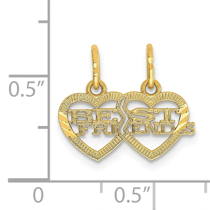 Two connected gold-colored heart charms with "BEST FRIENDS" text inside, shown next to a ruler indicating approximately 0.5 inches in height.