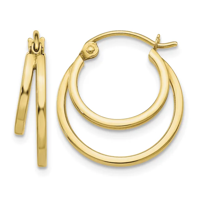 Pair of polished gold-toned double hoop earrings with hinged posts, shown from front and side views.