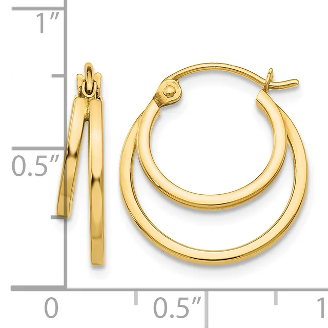 Gold-toned double hoop earrings with a measurement scale showing approximately 0.5 inches in width and 1 inch in length.