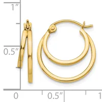 Gold-toned double hoop earrings with a measurement scale showing approximately 0.5 inches in width and 1 inch in length.