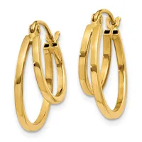 A pair of gold-colored double hoop earrings with polished finish and hinged closures, shown from the front.