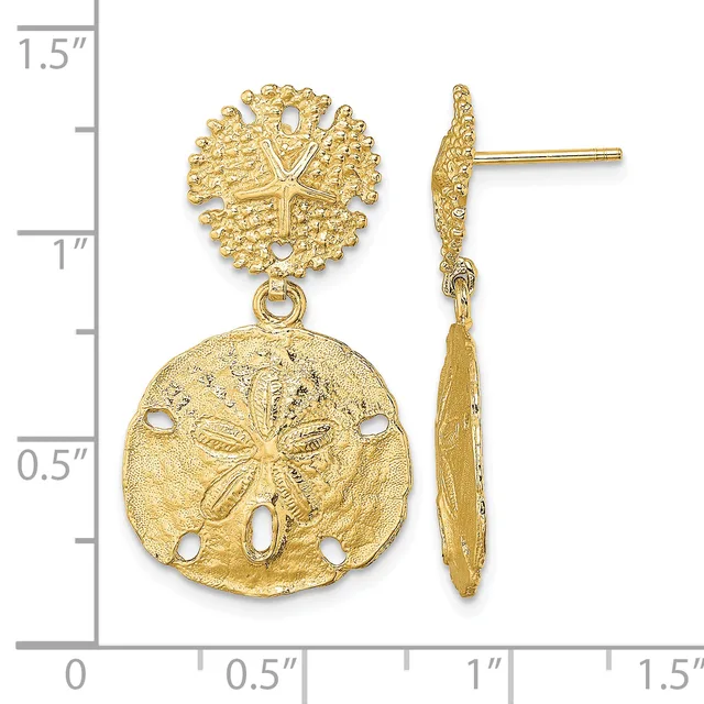 Gold-toned dangle earrings with textured circular sand dollar design charms suspended from smaller ornate circular tops, shown front and side view against a measurement scale.