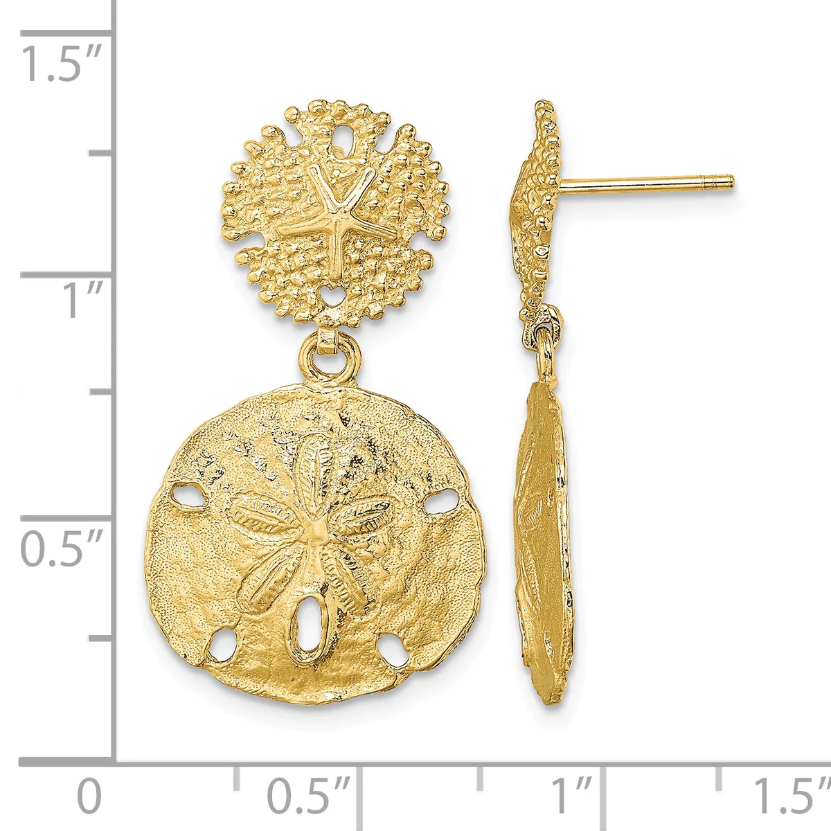 Gold-toned dangle earrings with textured circular sand dollar design charms suspended from smaller ornate circular tops, shown front and side view against a measurement scale.
