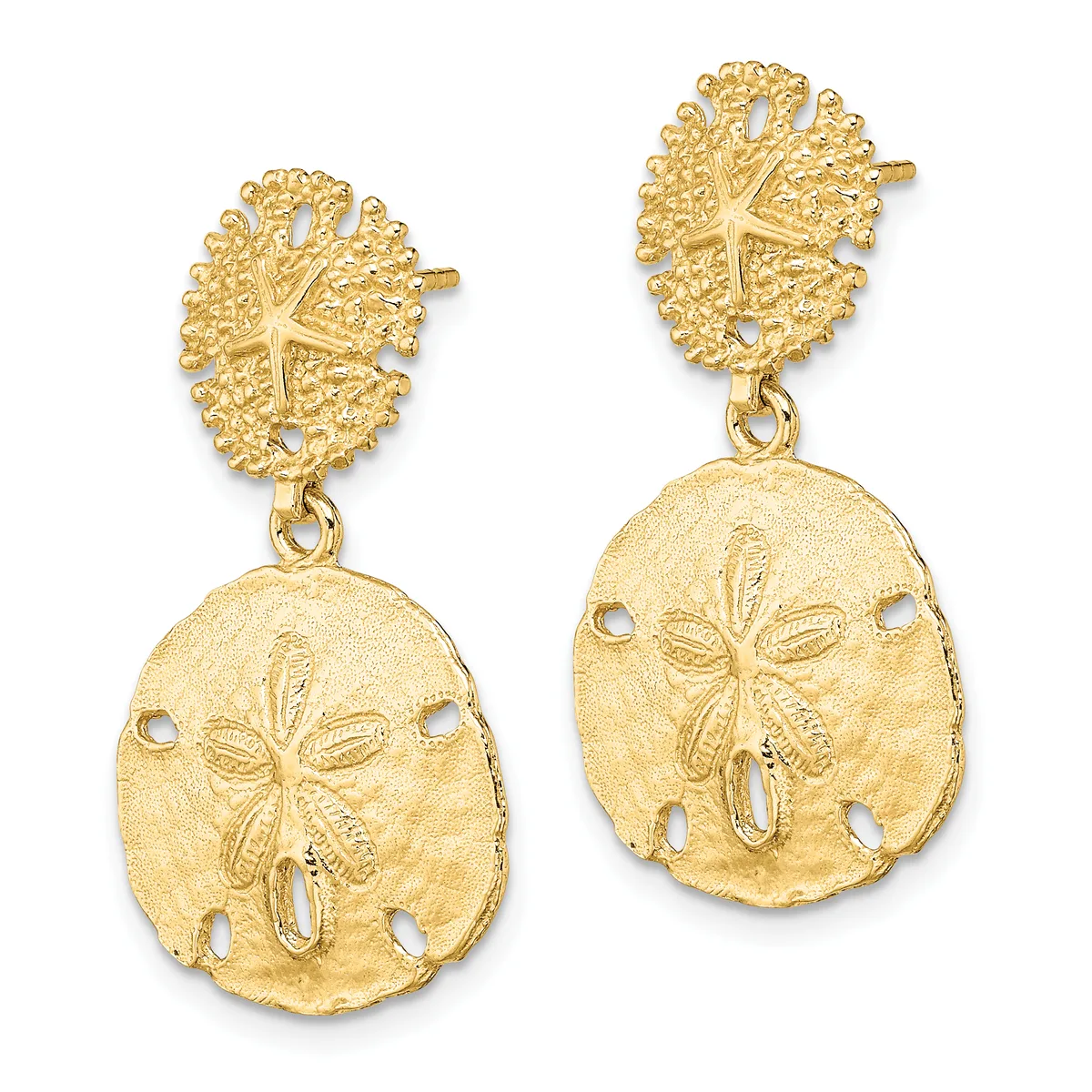 Pair of gold dangle earrings with textured starfish-shaped tops connected to oval sand dollar pendants featuring cutout details.