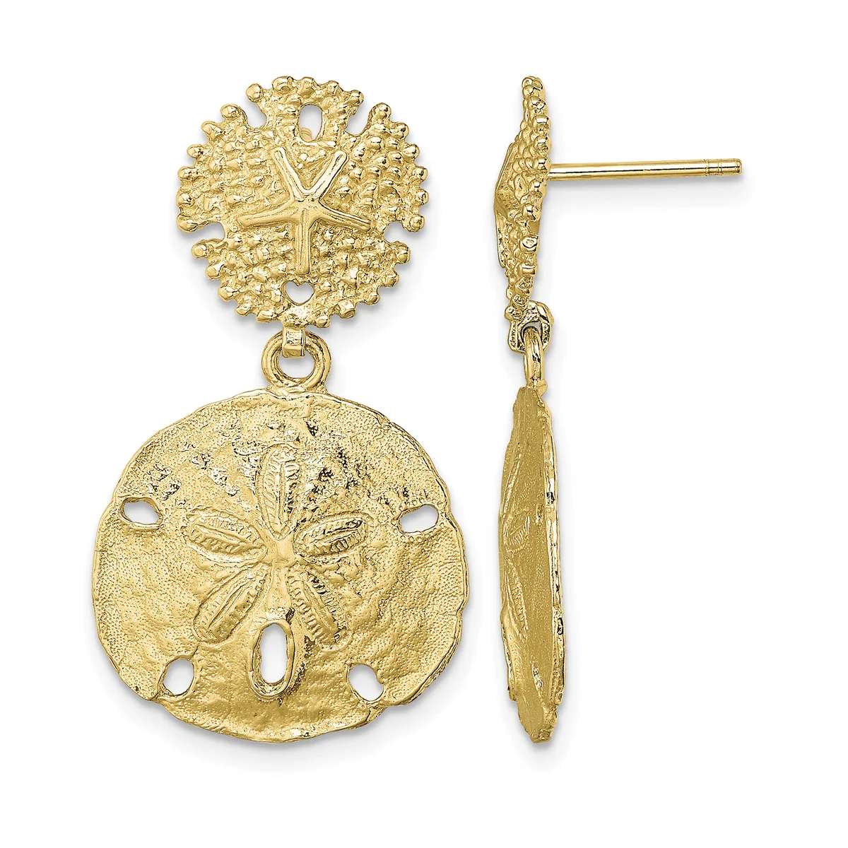 Pair of gold dangle earrings featuring textured circular sand dollar pendants hanging from ornate posts, shown front and side views.