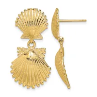 Pair of gold shell-shaped dangle earrings with textured finishes, shown from front and side views.