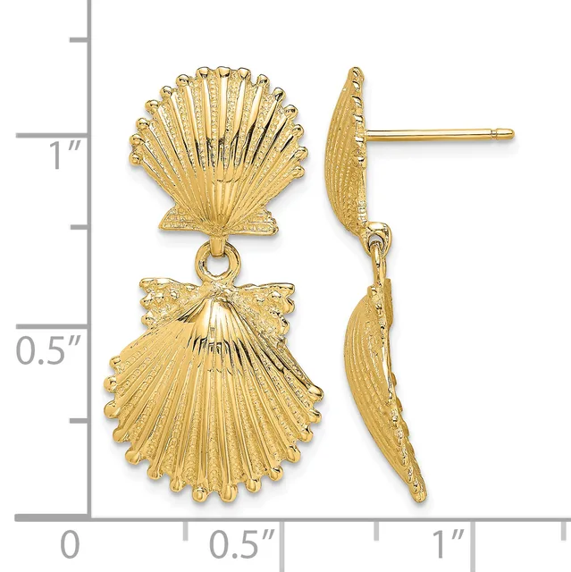 Gold-toned shell-shaped dangle earrings with textured detail, shown front and side view next to a measurement scale.