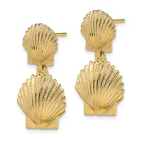 Pair of gold-toned shell-shaped dangle earrings with textured fan designs and post backs.