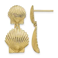 Gold shell-shaped dangle earrings shown from front and side views, featuring textured fan-like designs with post and backing closures.