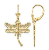 Pair of gold dragonfly earrings with filigree detailing on the wings, shown from front and side views with lever-back closures.