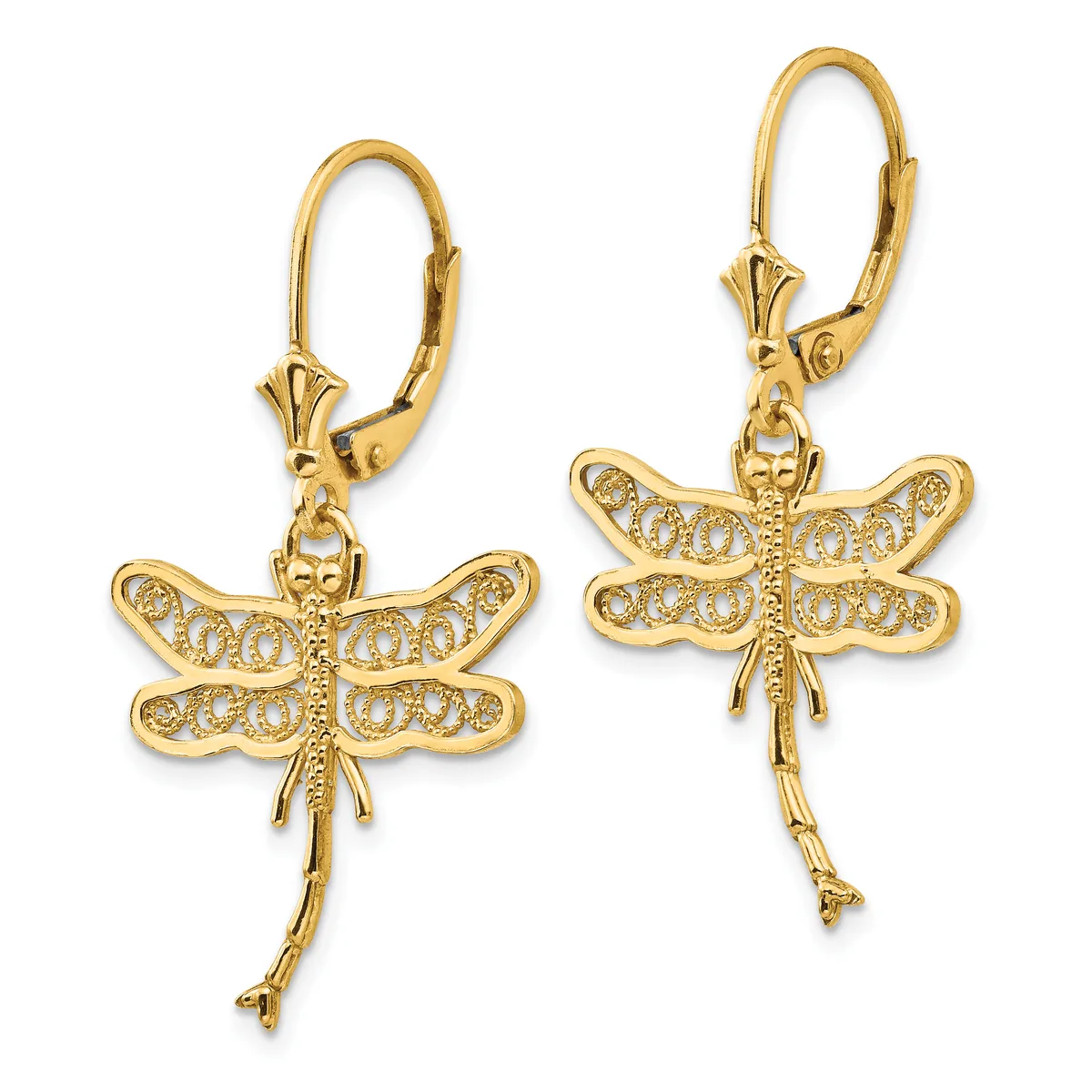 Pair of gold dragonfly dangle earrings with filigree-textured wings and lever-back closures.
