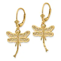 Pair of gold dragonfly dangle earrings with filigree-textured wings and lever-back closures.