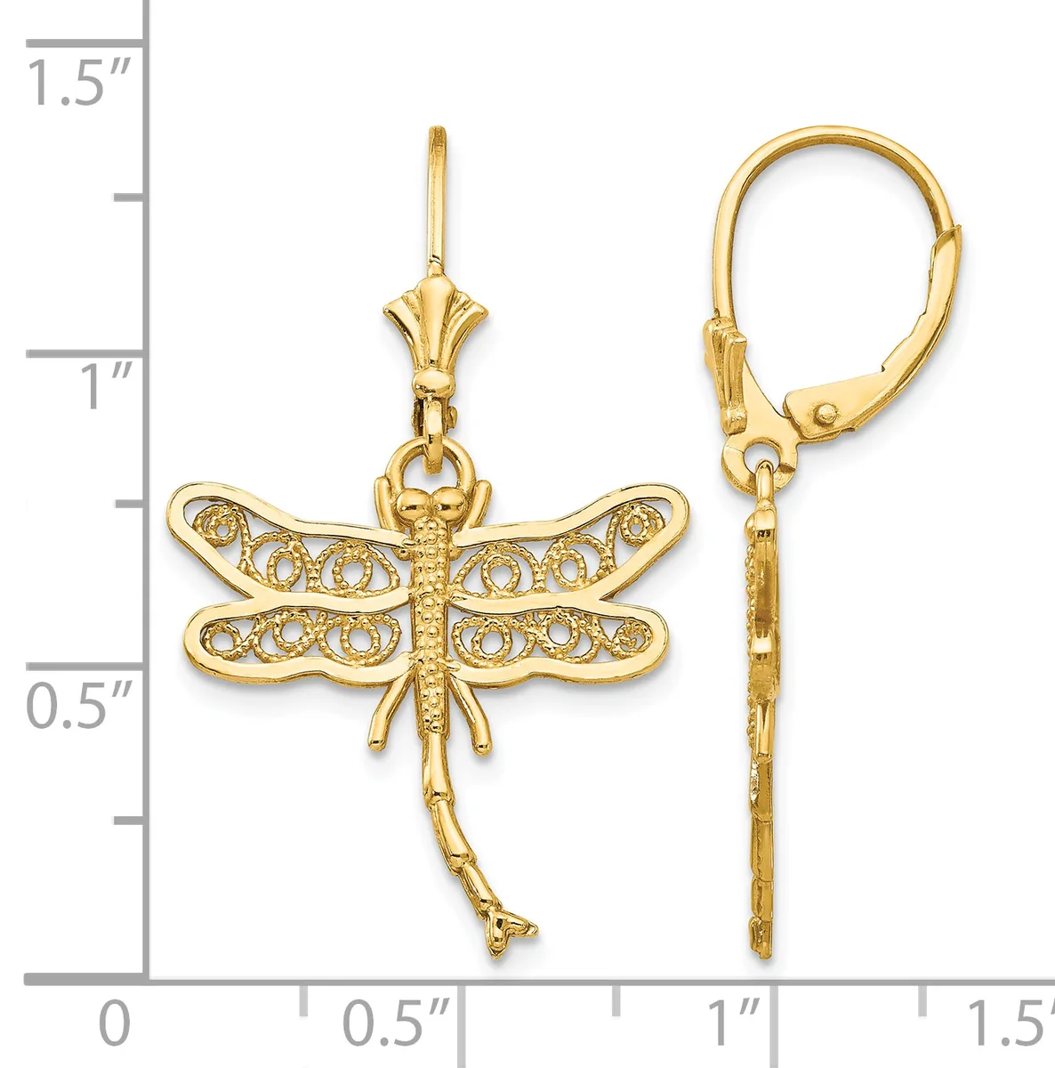 Gold dragonfly earrings with filigree-patterned wings and leverback closures, shown next to a ruler indicating approximately 1.5 inches in length.