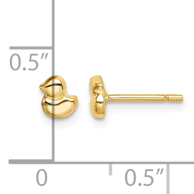 Pair of small gold duck-shaped stud earrings shown from front and side views with a measurement scale indicating approximately 0.5 inches in height and width.