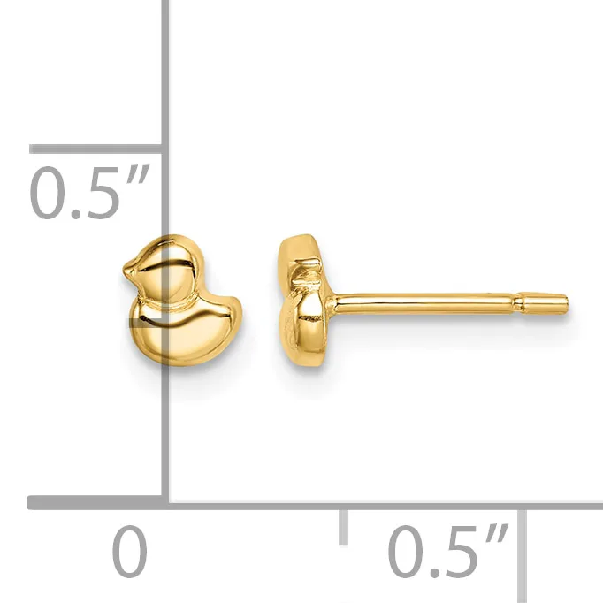 Pair of small gold duck-shaped stud earrings shown from front and side views with a measurement scale indicating approximately 0.5 inches in height and width.