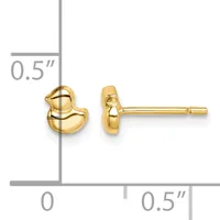Pair of small gold duck-shaped stud earrings shown from front and side views with a measurement scale indicating approximately 0.5 inches in height and width.